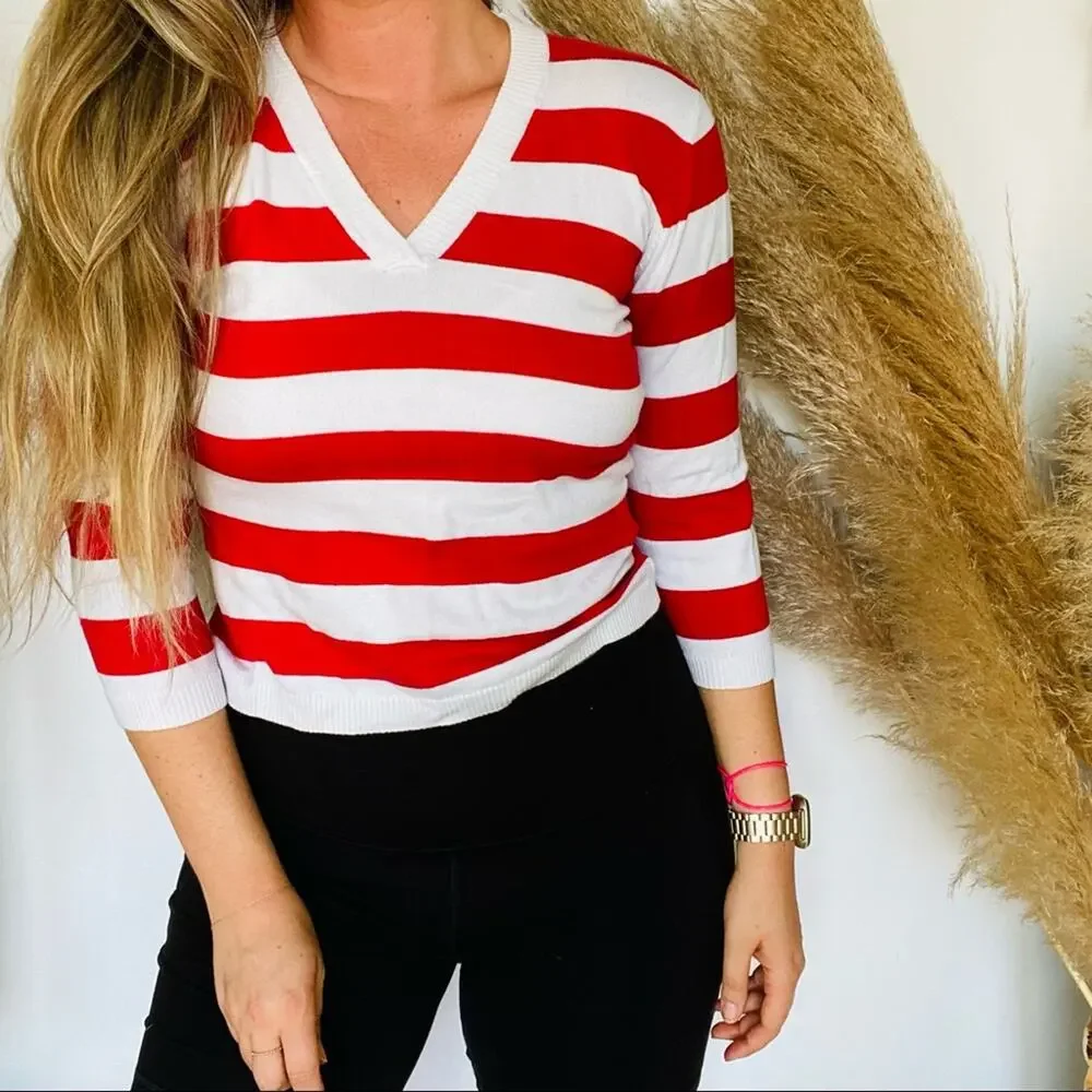 VINTAGE H&M LOGG Red White VNeck Striped 3/4 Sleeve Cropped Pullover Sweater M - Picture 2 of 9
